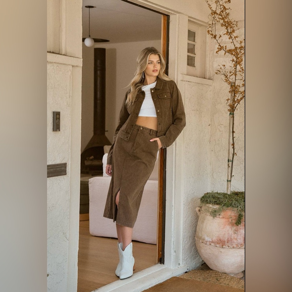 NWT Iris Brown Twill Midi Skirt Set|Cropped Jacket+Front Slit Skirt|100% Cotton